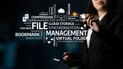 A businesswoman showcases modern concepts of file management, cloud storage, and data...
