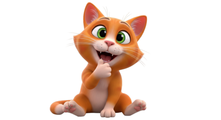 A cheerful orange cartoon cat sits with a transparent background, giving a thumbs-up with joy.