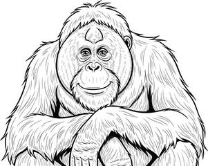 Detailed line art vector illustration of a smiling orangutan, perfect for wildlife conservation, zoo education, coloring pages, or animal-themed graphic design projects. © Nahl