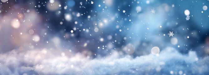 Christmas winter blurred dreamy background, Christmas tree decorated with garland lights and snowflakes, festive celebration atmosphere background, widescreen backdrop. New Year art design, widescreen