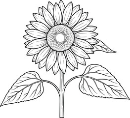Detailed blue line art vector illustration of a sunflower with stem and leaves, perfect for nature designs, botanical education, or coloring pages and floral graphics.