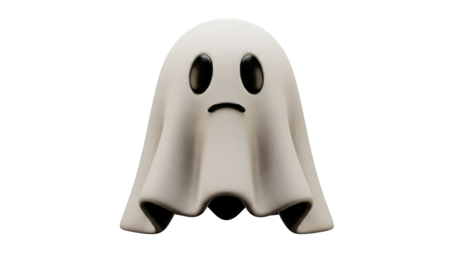 A whimsical and stylized depiction of a sad ghost, featuring a minimalist design and matte texture.
