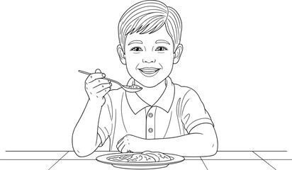 Happy child eating with spoon, line art vector illustration for mealtime, nutrition, parenting, and childhood concepts, simple design for education, health
