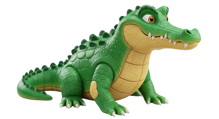 Naklejka premium Friendly green cartoon alligator poses with a toothy grin and amber eyes, evoking playful fun.