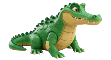 Friendly green cartoon alligator poses with a toothy grin and amber eyes, evoking playful fun.