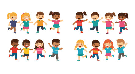 Cheerful diverse group of children running and playing together, depicting joy and camaraderie in a fun outdoor setting, fostering a sense of community and friendship among kids