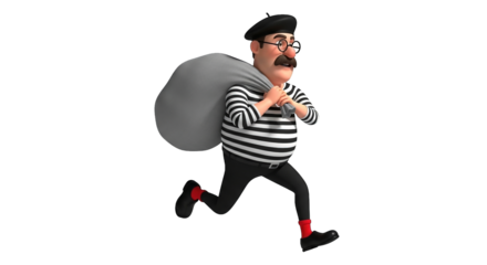 Cartoon thief with a beret runs away with a bag in a striped shirt on transparent background