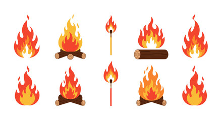 Collection of Bonfire and Match Icons, representing warmth, camping, and fire safety in various stylized forms for diverse graphic design needs