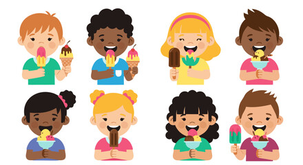 A delightful collection of diverse children joyfully enjoying various flavors of ice cream on a bright and sunny day, capturing moments of pure happiness and summer fun