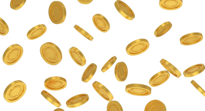 A cascade of gold coins with laurel wreath detailing falls against a clear background, shining and