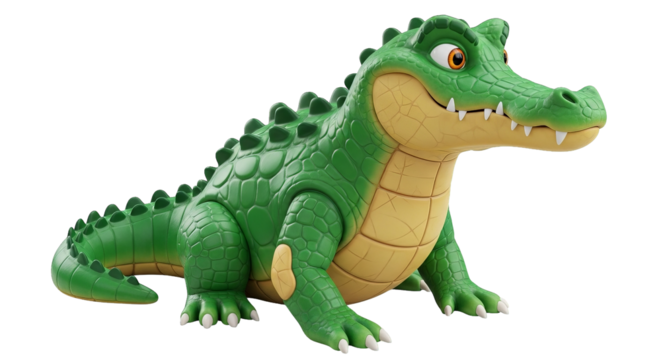 Friendly green cartoon alligator poses with a toothy grin and amber eyes, evoking playful fun.