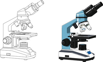 Scientific microscope vector illustration in color and line art, lab equipment for biology, education, and research, ideal for educational materials or science-themed designs.