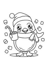 Sweet Christmas Party Penguin Warming Up with Hot Chocolate and Candy Cane – Vector Coloring Page for Kids and Adults 