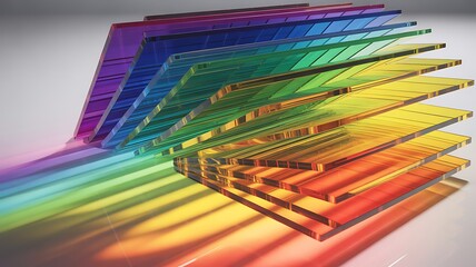 Abstract rainbow spectrum of translucent acrylic sheets fanning out with colorful light reflections on a white background
