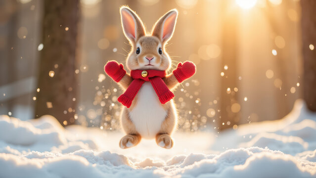 Cute rabbit wearing red scarf and mittens jumps joyfully in snow, surrounded by beautiful winter landscape with sunlight filtering through trees