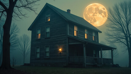 Mysterious house stands in fog, illuminated by warm lights, with large moon casting eerie glow