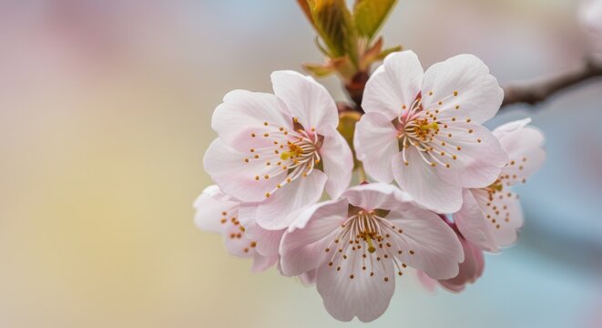 Macro shot of cherry blossom flowers with soft pastel background 