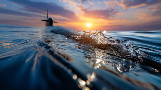 Defocused view of submarine periscope breaking the waterline at sunset, rippling reflections and soft focus horizon, with copy space.