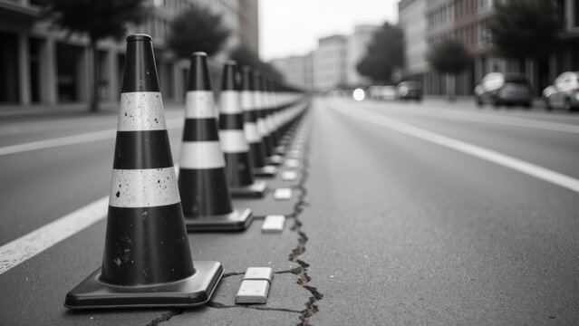 Fototapeta Urban street scene features traffic cones lined along cracked road, creating striking contrast in monochrome setting