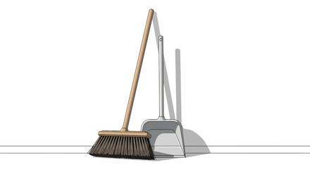 Wooden broom and metal dustpan, representing cleaning and tidiness
