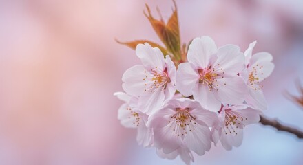 Obraz premium Macro shot of cherry blossom flowers with soft pastel background 