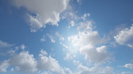 Bright sunlit sky with scattered clouds. AI image