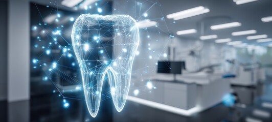 The tooth hologram floating above modern dental clinic representing digital dental technology network