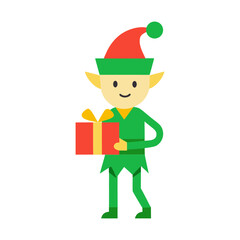 an elf holding a gift box  simple flat color vecto
