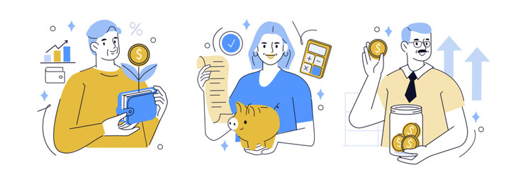 Retirement savings and pension planning set. Elderly characters saving money, investing, preparing for financial security in old age. Vector illustration.
