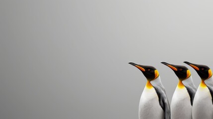 Group of Three Emperor Penguins Standing in Row on Icy Surface