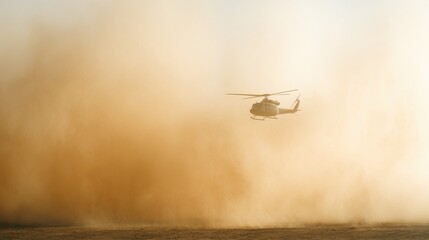 Helicopter Hovering In Dusty Environment During Takeoff Or Landing. Aviation In Challenging Conditions