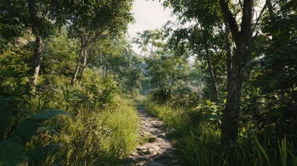 Fototapeta premium Forest Pathway Surrounded By Lush Greenery. Nature'S Tranquil Escape