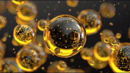 Abstract golden bubbles floating against a dark background, 3d render - Powered by Adobe