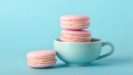 Obraz premium A stack of pink macarons in a light blue cup, with a single macaron on the side, against a blue background
