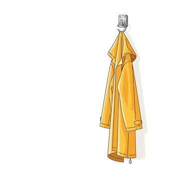 Bright yellow raincoat hanging on silver hook attached to wall, with water droplets visible at the bottom