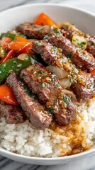 Fototapeta premium Sizzling Chinese Pepper Steak with Onions - CookTune White marble surface , Close-up food photo in natural lighting 