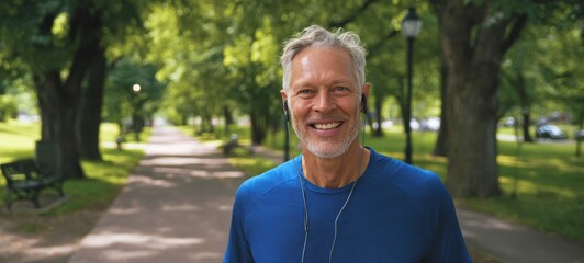 The man jogging through a leafy park path wearing earbuds and a blue shirt