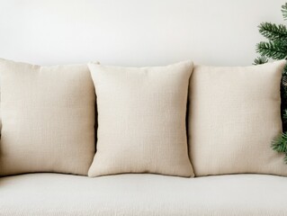 Naklejka premium Three beige cushions arranged on a soft white sofa, complemented by a hint of greenery from a nearby plant, creating a cozy and inviting atmosphere.