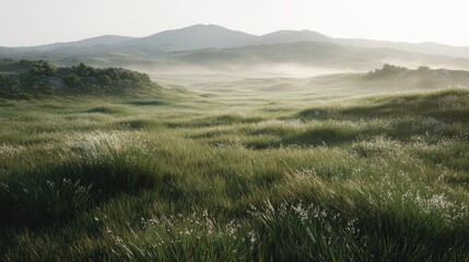Obraz premium Lush Green Meadow With Misty Hills In The Background. Serene Landscape Capturing Nature'S Tranquility
