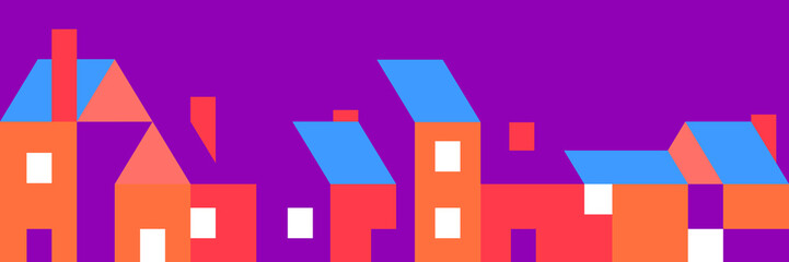 Abstract minimalist city panorama with art silhouettes house or buildings in mosaic colorful simple style. Vector illustration of town background.