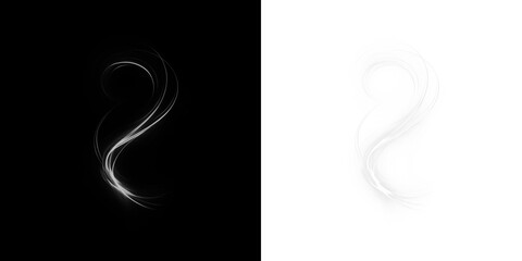 Abstract light swirl design in contrasting black and white backgrounds, showcasing elegant curves and dynamic movement, perfect for creative projects and visual storytelling