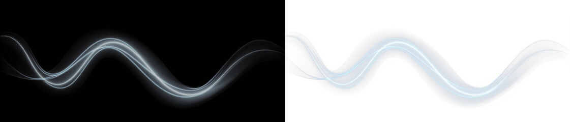 Abstract wave illustration with contrasting black and white backgrounds, showcasing fluid motion and ethereal light effects, perfect for creative design and artistic projects
