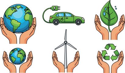 Isolated a Climate change set. Characters hands holding planet earth, electric car, leaf and other objects as metaphor for green energy, transportation and sustainability vector art . © Akhi