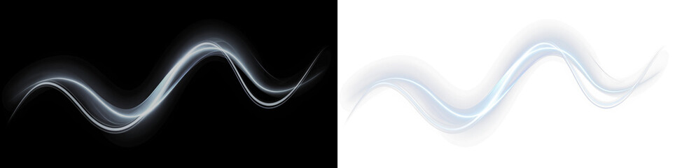Abstract wave overlay illustration in contrasting black and white backgrounds, showcasing fluid motion and ethereal light effects for creative design applications
