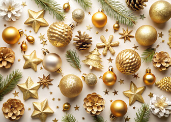 Flat lay of winter-themed Christmas background elements, golden