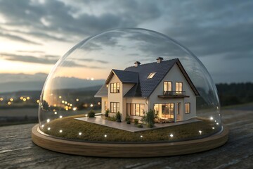 House under glass dome on wooden surface with sunset sky background