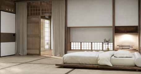 Bedroom japanese minimal style, Modern shelf wall design and tatami mat floor, room minimalist. 3D rendering