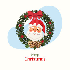 A delightful Merry Christmas illustration featuring a cheerful Santa Claus head wearing a Santa hat, nestled within a traditional festive wreath adorned with pinecones, holly and a red bow.