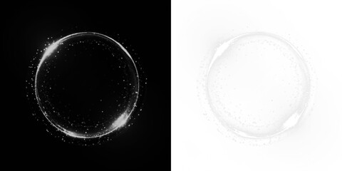 Transparent bubble overlay with sparkling effects on contrasting black and white backgrounds, ideal for creative design projects and visual storytelling concepts