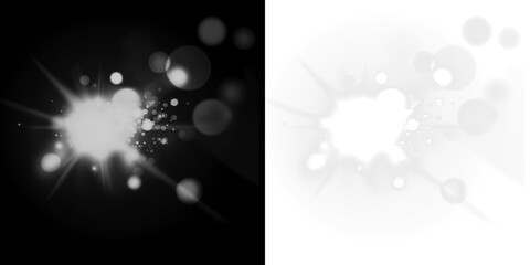 Abstract black and white PNG overlay featuring luminous bokeh effects and light bursts, ideal for creative projects and enhancing visual storytelling with copy space